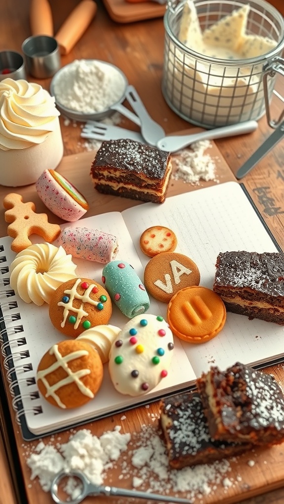 Deliciously Simple Bake Journal Recipes A spread of baked treats including cakes, cookies, and brownies on a kitchen counter with baking utensils.